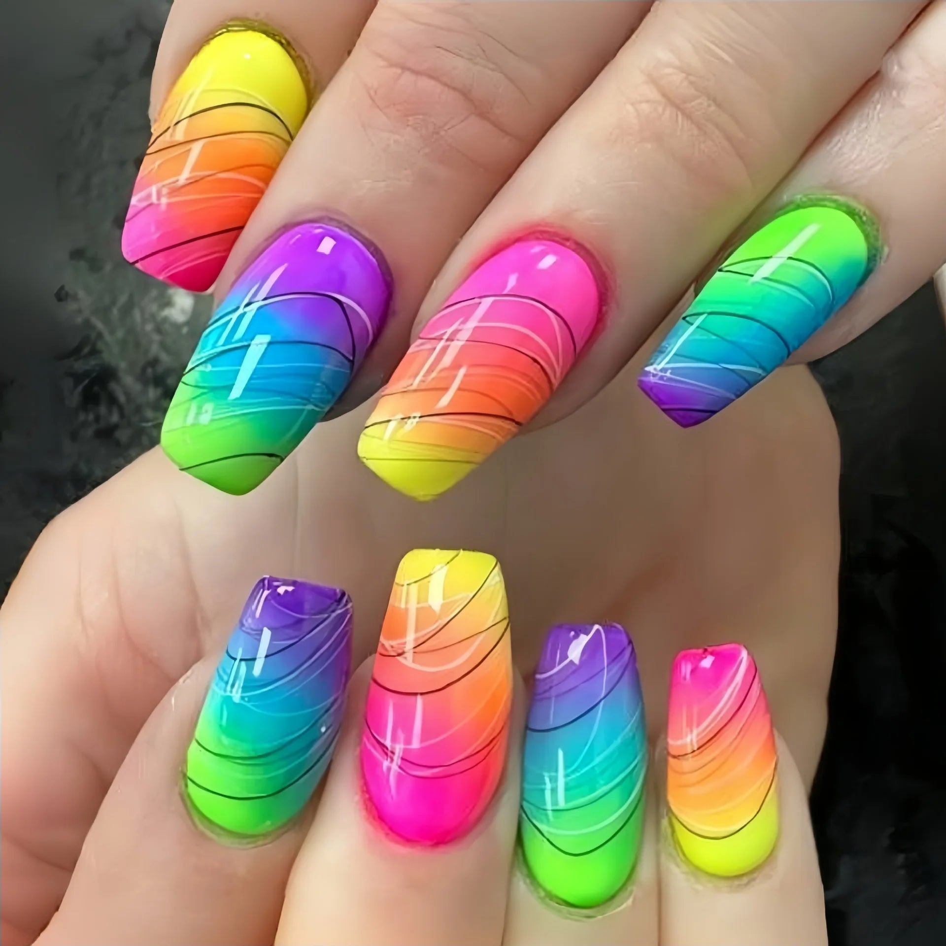 24pcs/set Medium long fake nails Gradient blue ocean fish sun flowers butterfly square ballet summer tips press on false nail