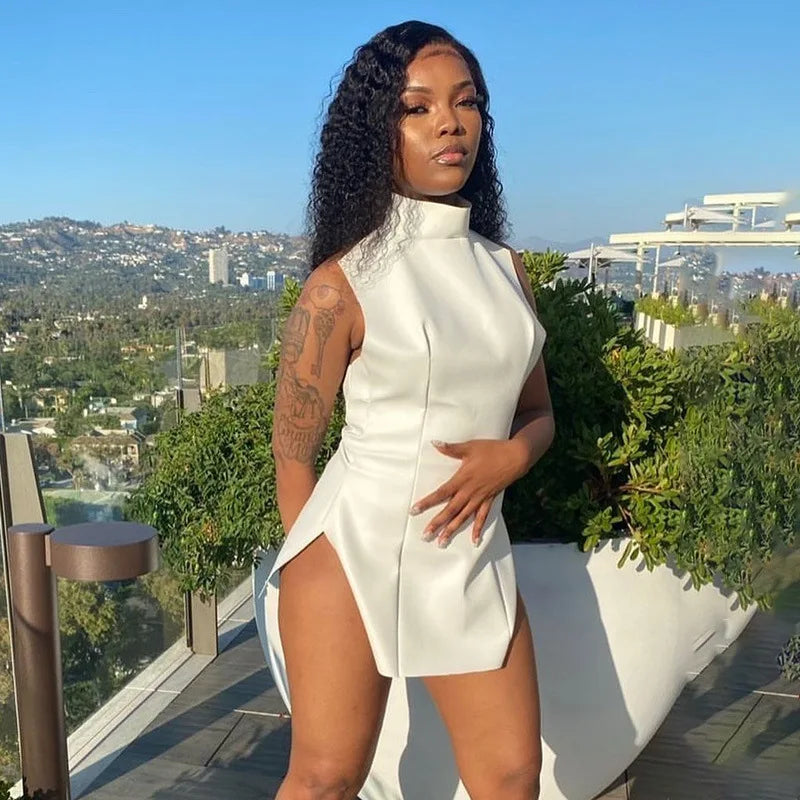 Women Sexy PU Leather Mini Party Dress WHITE