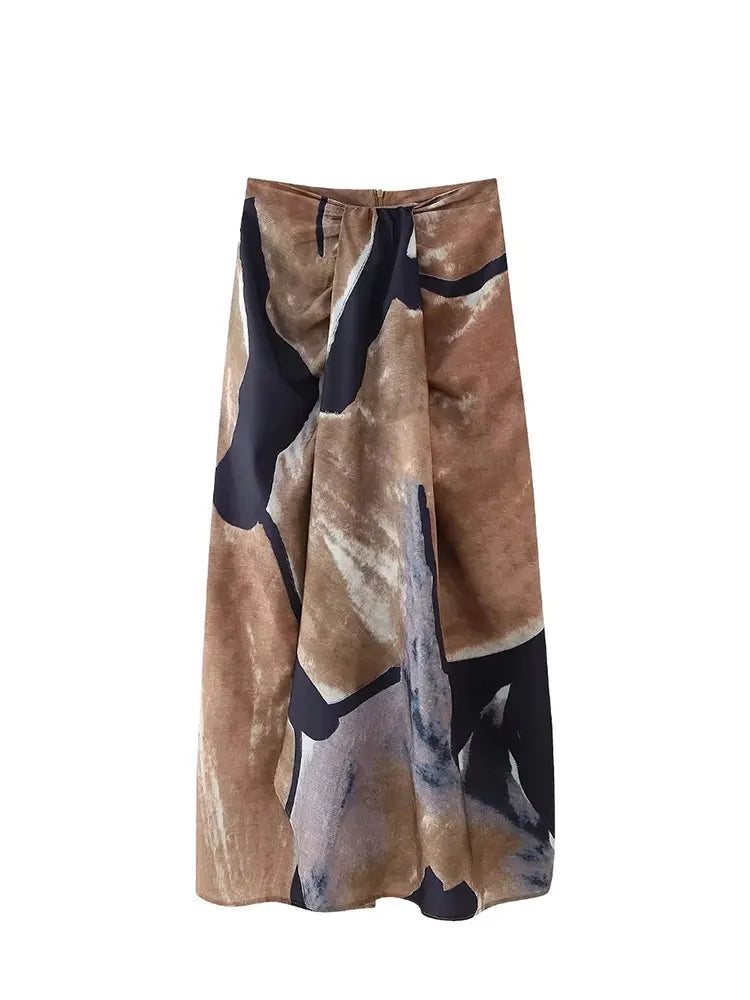 TRAFZA Women's High Waist Front Pleated Zipper Fly Casual Skirt Summer Women's Fashion Chic Printed Wrap Skirt Streetwear print