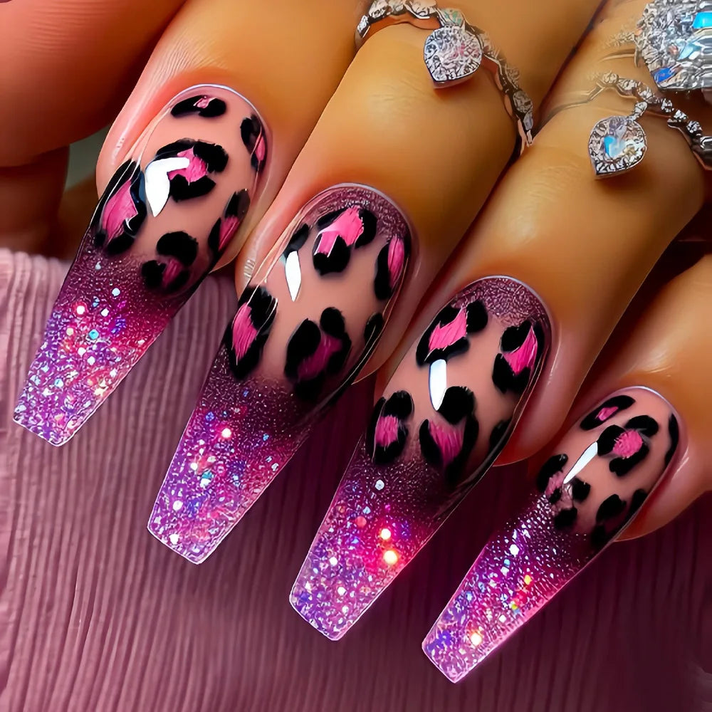 Medium long fake nails for women girls Y2K colorful gradient leopard print Pink green coffee coffin tips press on false nail set
