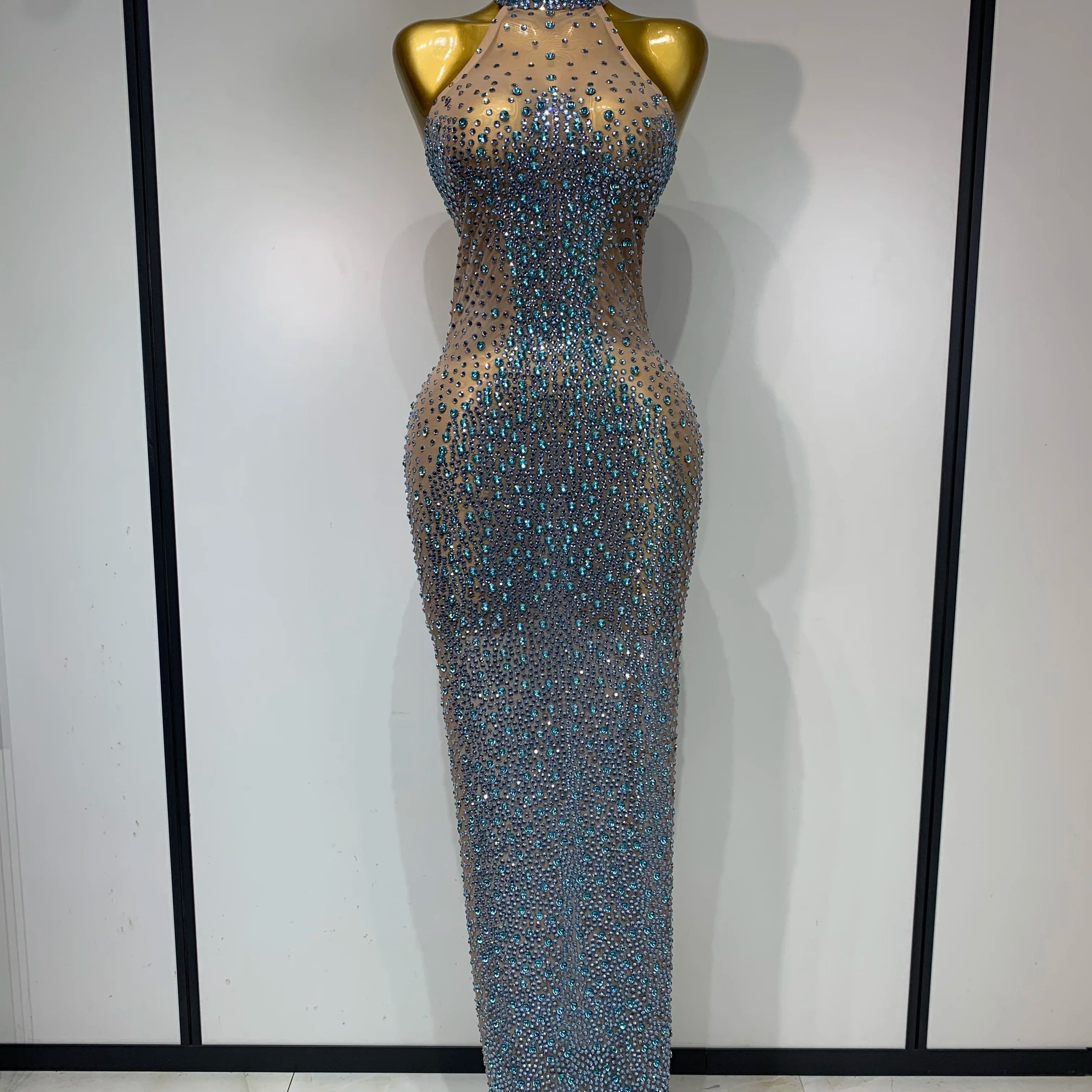 Sparkly Rhinestones Sleeveless Dress Sexy Mesh Transparent Celebrate Evening Wedding Prom Luxury Birthday Dresses Stage Outfit