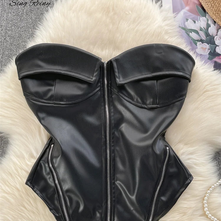 SINGREINY Strapless PU Leather Short Tank Top Fashion Zipper Design Slim Chic Backless Camis Ladies Streetwear Club Sexy Top black One Size