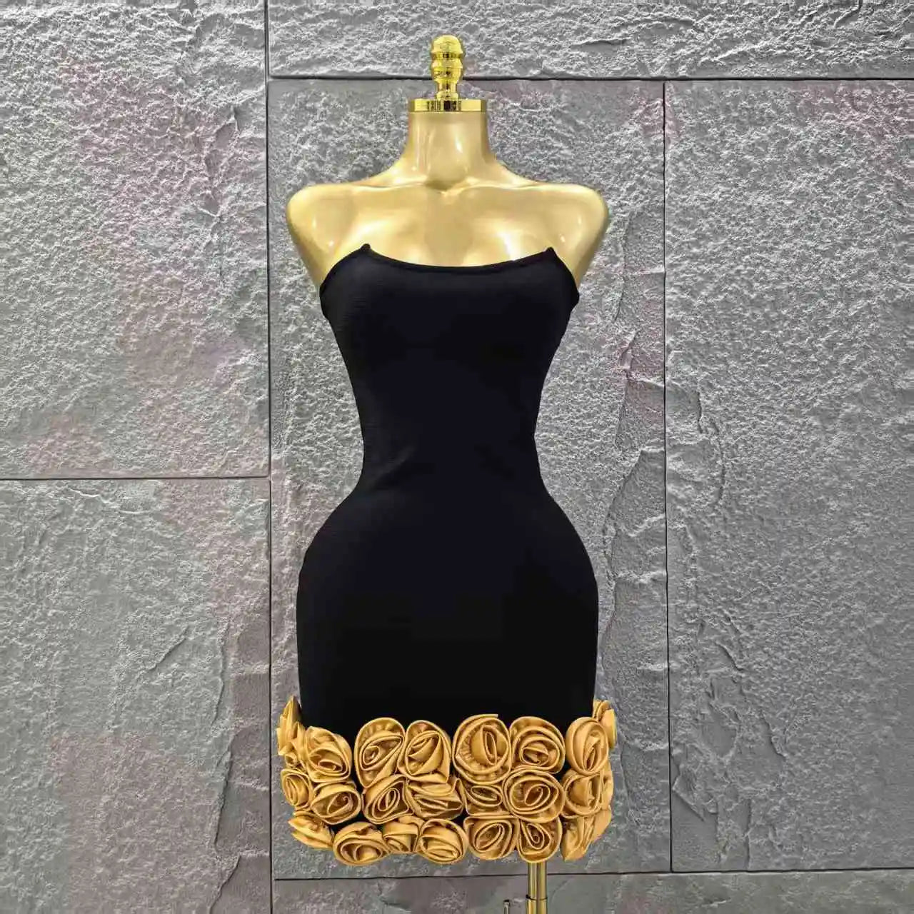 Vestido curto bandage preto dourado floral feminino, sexy, sem alças, justo, para festa de aniversário e férias