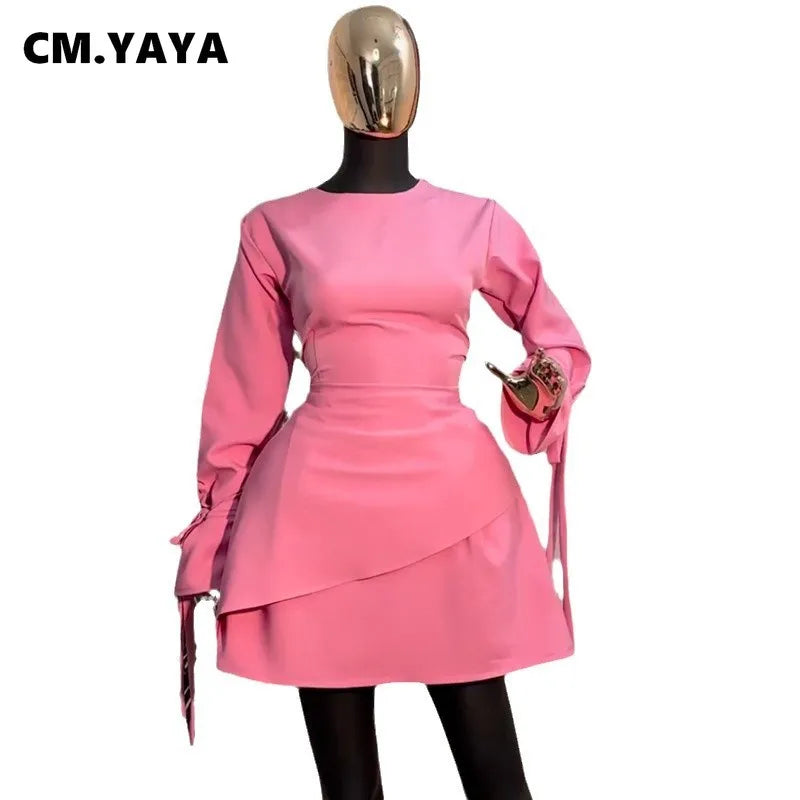 CM.YAYA Women Tie Up Bow Long Sleeve O-neck Mini Dress 2025 Birthday Holiday Sexy Club Party Evening High Street A-Line Dresses
