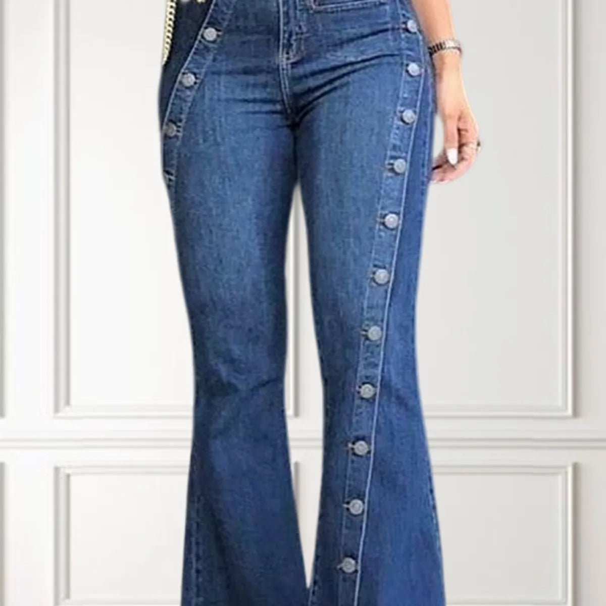 Women Fashion Plain Button Decor Flare Leg Long Denim Pants Flare Jeans Jeans Ladies High Waist Skinny bottom Wide Leg Jeans
