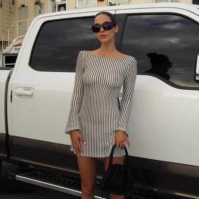 2023 Winter Sexy Hot Girl Back Hollow Air Striped Retro Long Sleeve Dress Elegant Luxurious Club Outfit Vestidos