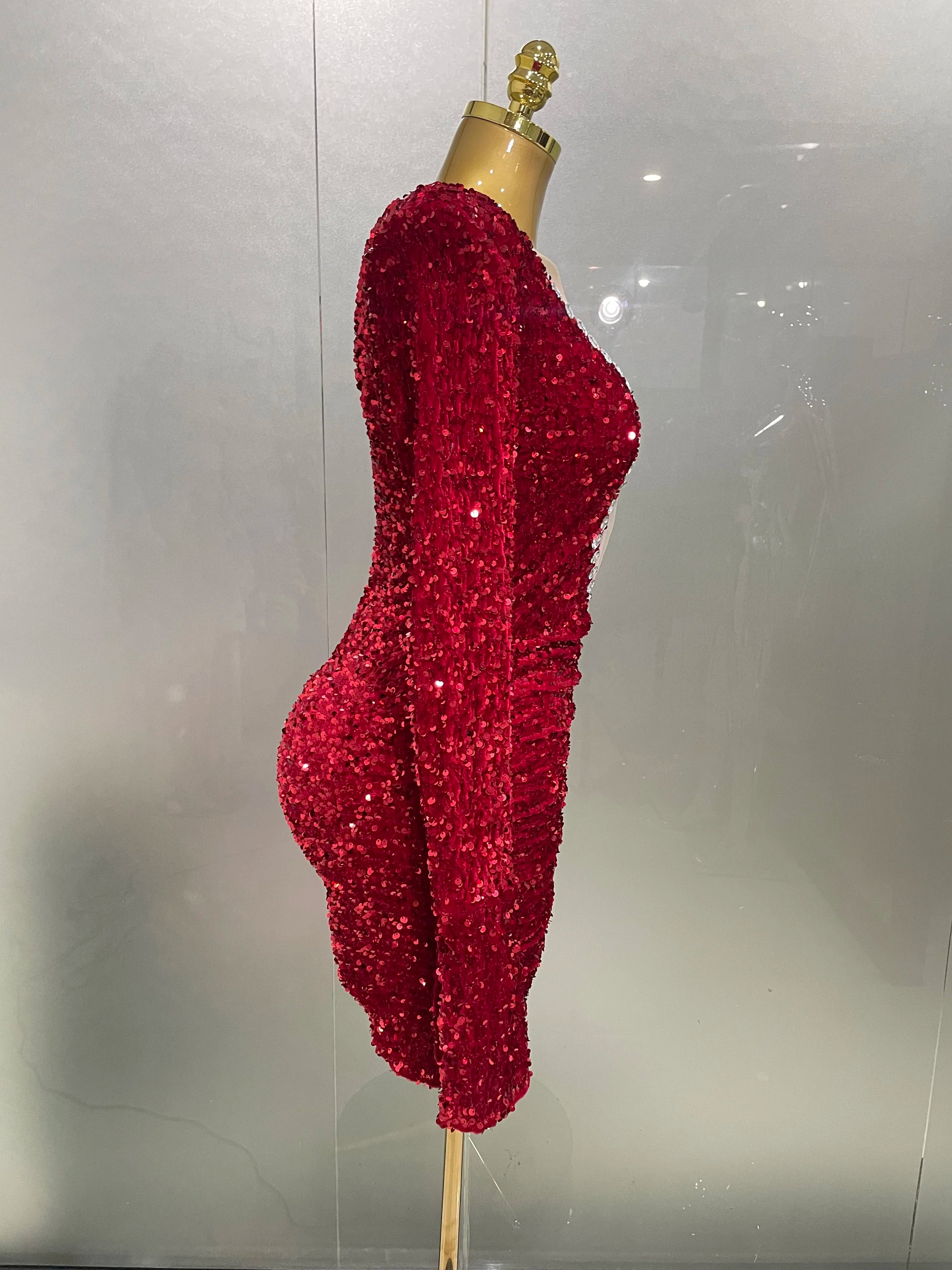 Sexy Shiny Red Sequins Rhinestones Sheath Mini Dress 2025 New Women Evening Birthday Party Nightclub Stage Performance Costume