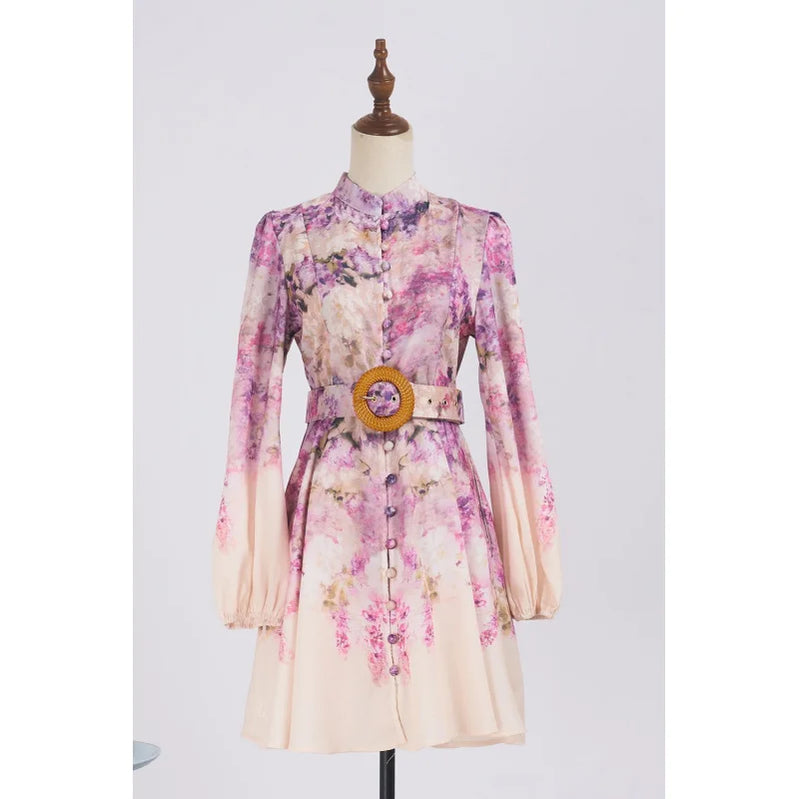 Shot Spot Niche Style Sleeve Single-Breasted Positioning Printing Women's Belt Pocket Short Skirt Large Swing Skirt