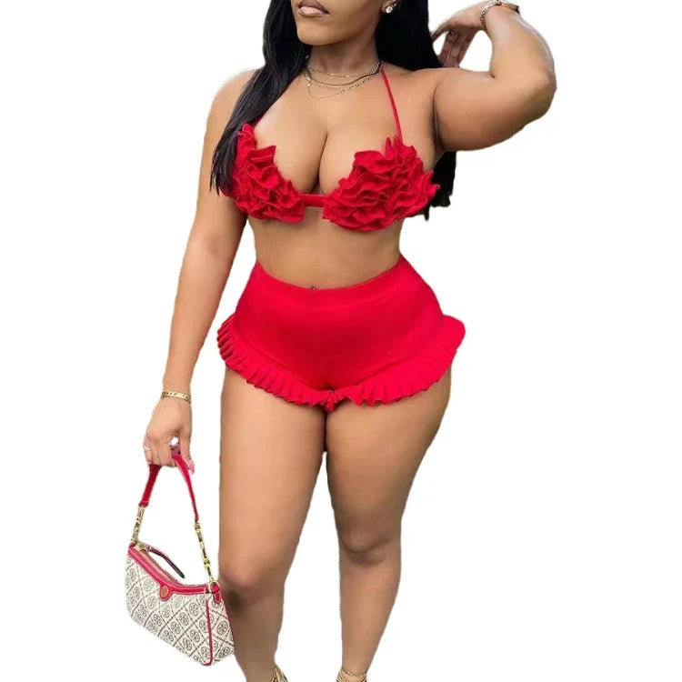 CM.YAYA Women's Set Ruffles Crop Top Bra and Shorts Bikini Set Streetwear Casual Two 2 Piece Outfits Summer 2024 Beach Holiday