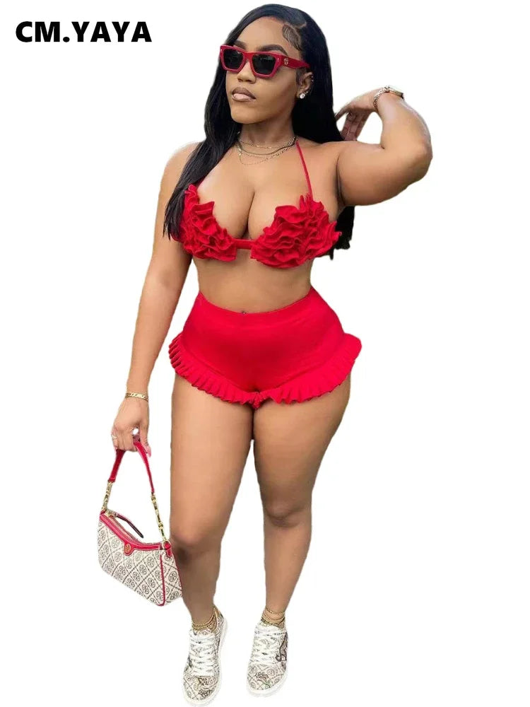 CM.YAYA Women's Set Ruffles Crop Top Bra and Shorts Bikini Set Streetwear Casual Two 2 Piece Outfits Summer 2024 Beach Holiday