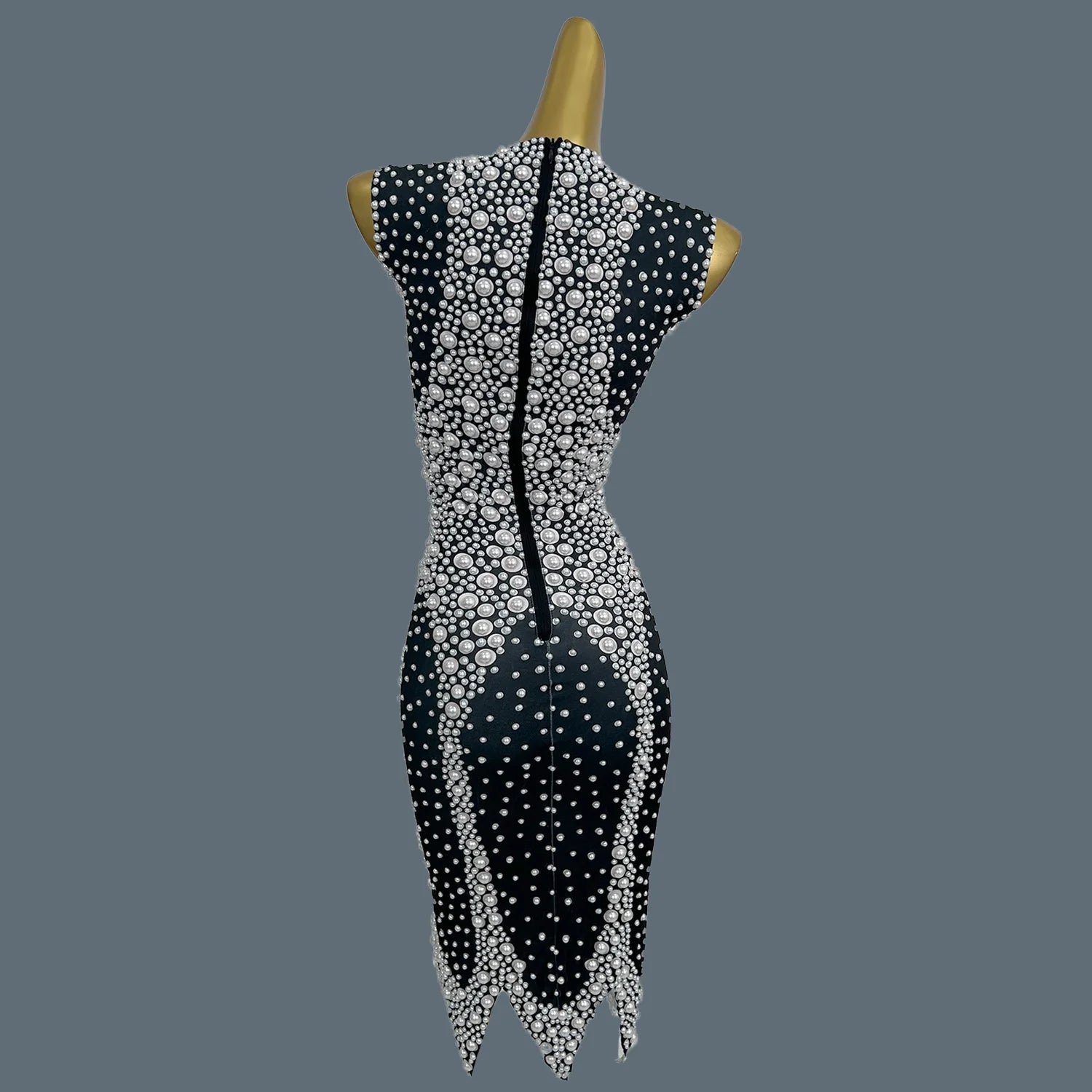 High-end White Pearls Black Mini Dress Sleeveless Bodycon Sexy Dress Party Nightclub Singer Stage Show Wrap Dress Heizhenzhu