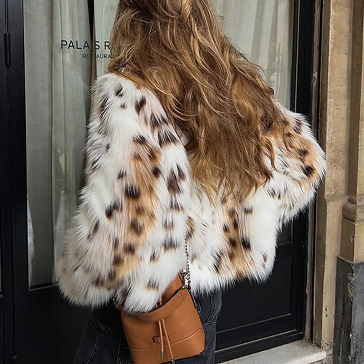 Leopard Faux Fur Coat Women Short Autumn Winter Plush Stand Collar Panelled Jacket Female Warm Stylish Outerwears Lady Casual