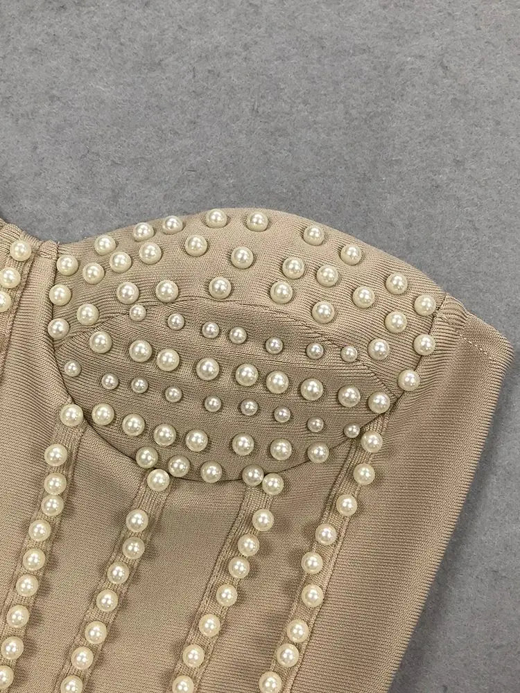 Ladies Luxury Bead Tassels Strapless Backless Design Celebrity Party Club Khaki Sleeveless Sexy Mini Bandage Dress 2025 New