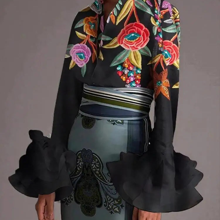Modigirl New Autumn Vintage Blouses Women's Flared Sleeves Blouse Urban Flower Printed Elegant Shirts Tops for Woman