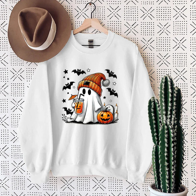 New Women's Sweatshirt Halloween Ghost Pumpkin Bat Print Round Neck Pullovers Ladies Autumn Winter Casual Halloween Sweatshirt WHITE