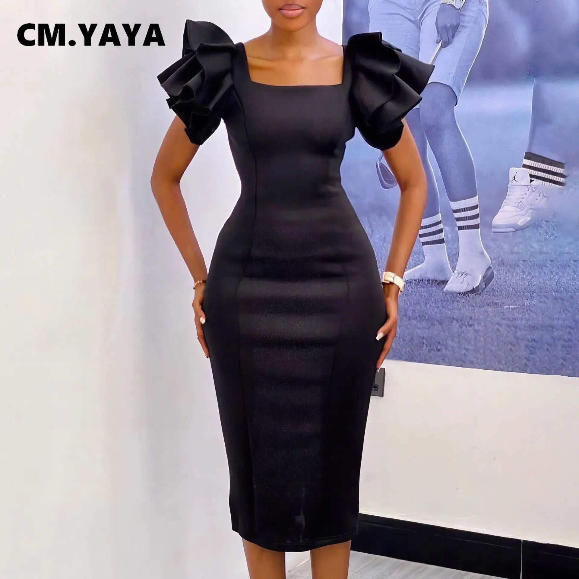 CM.YAYA Women Ruffles Short Sleeve Square Collar Knee Length Dress Street Vestidos Sexy Night Club Party Evening Chic Dresses