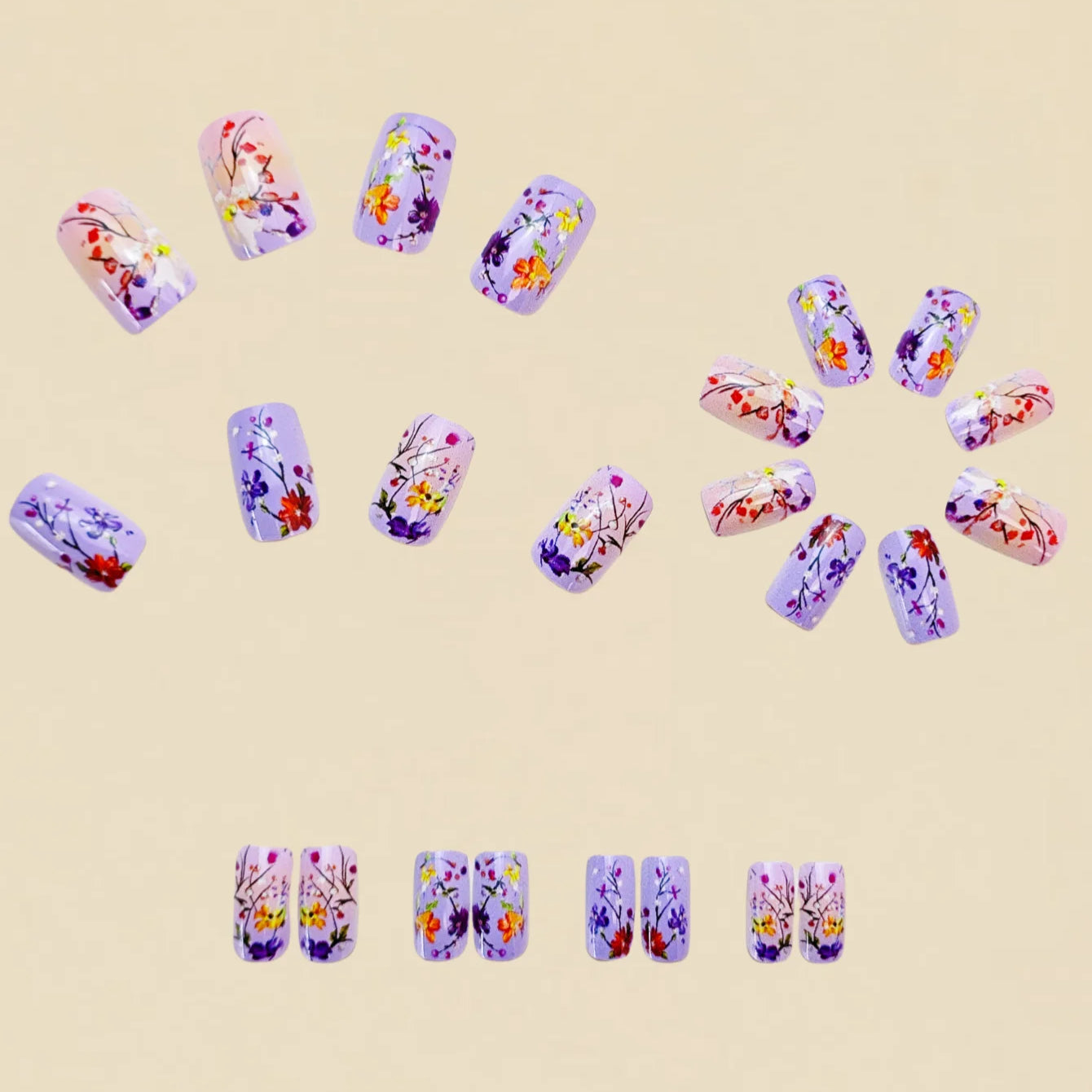 Medium and long square-shaped European manicure, fashionable manicure for New Year and spring and summer, purple gradient flower