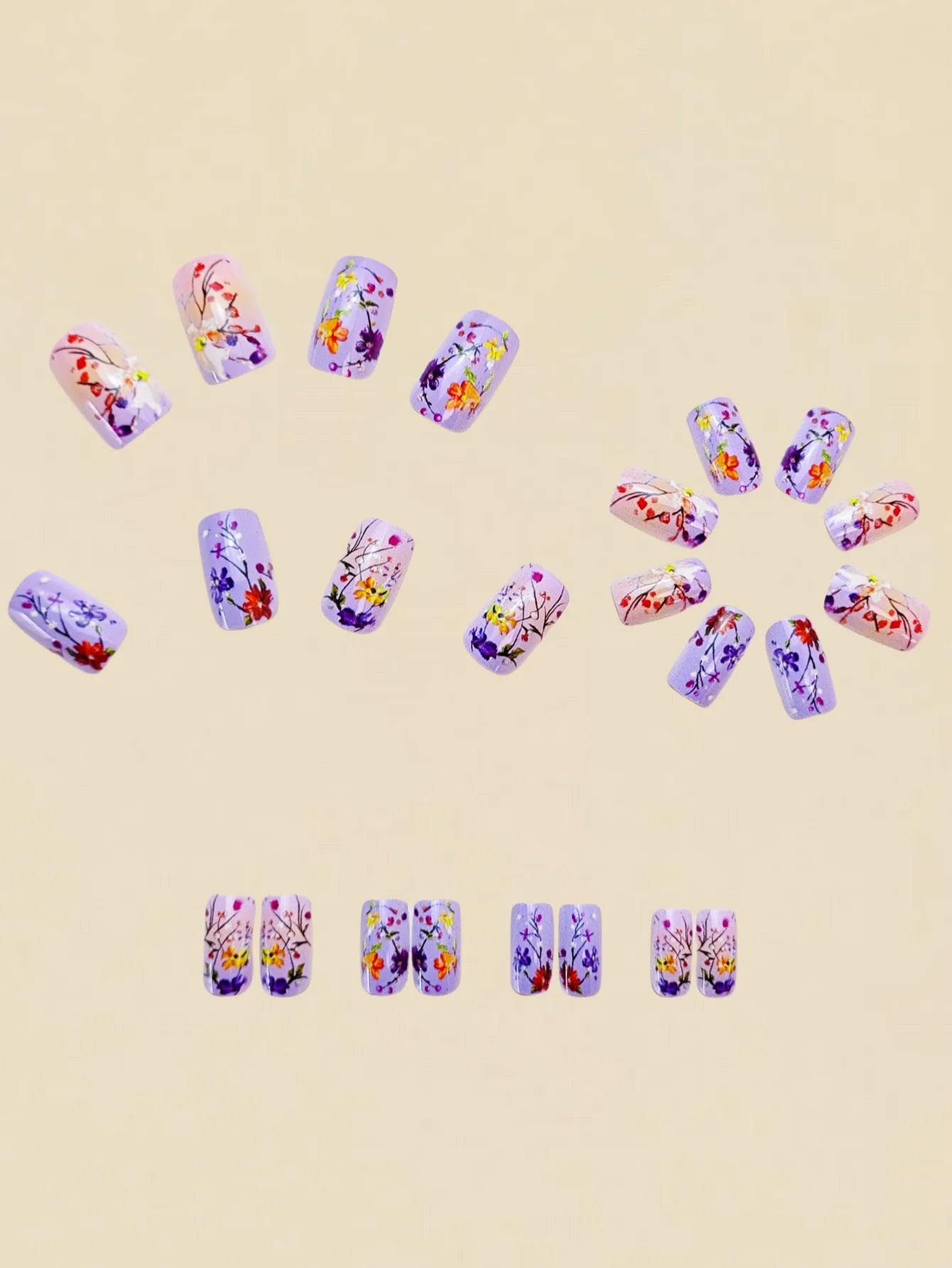 Medium and long square-shaped European manicure, fashionable manicure for New Year and spring and summer, purple gradient flower