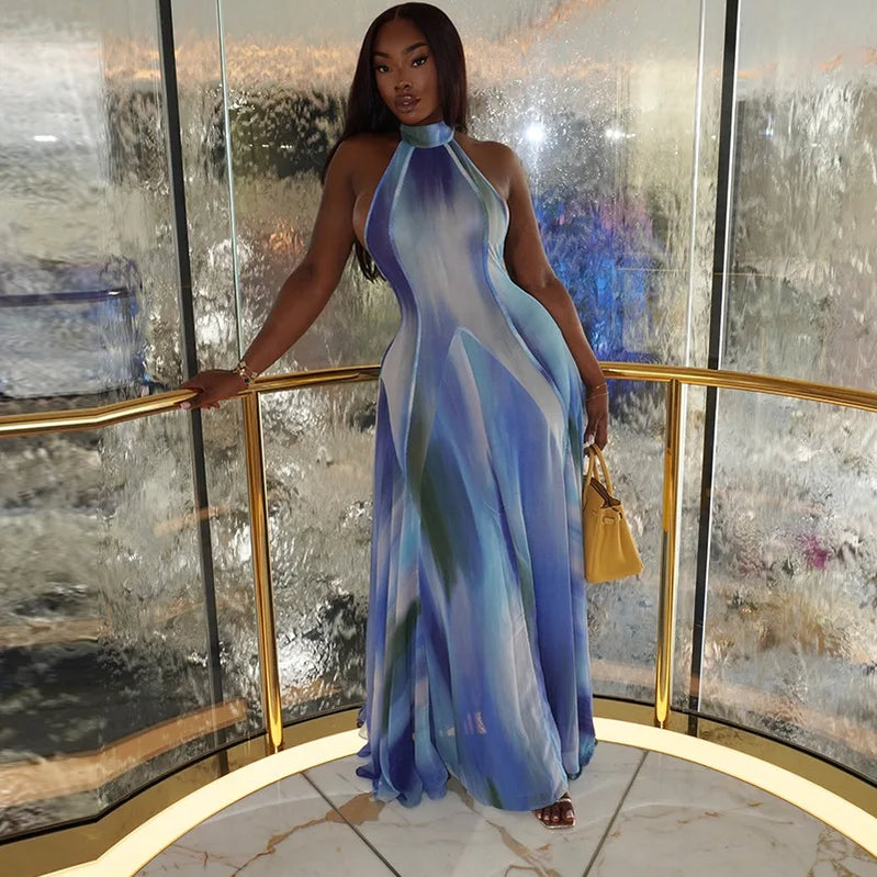 CM.YAYA Women Gradient Print O-Neck Sleeveless Bodycon Long Dress 2025 Summer Holiday Birthday Evening Beach Sexy Party Dresses