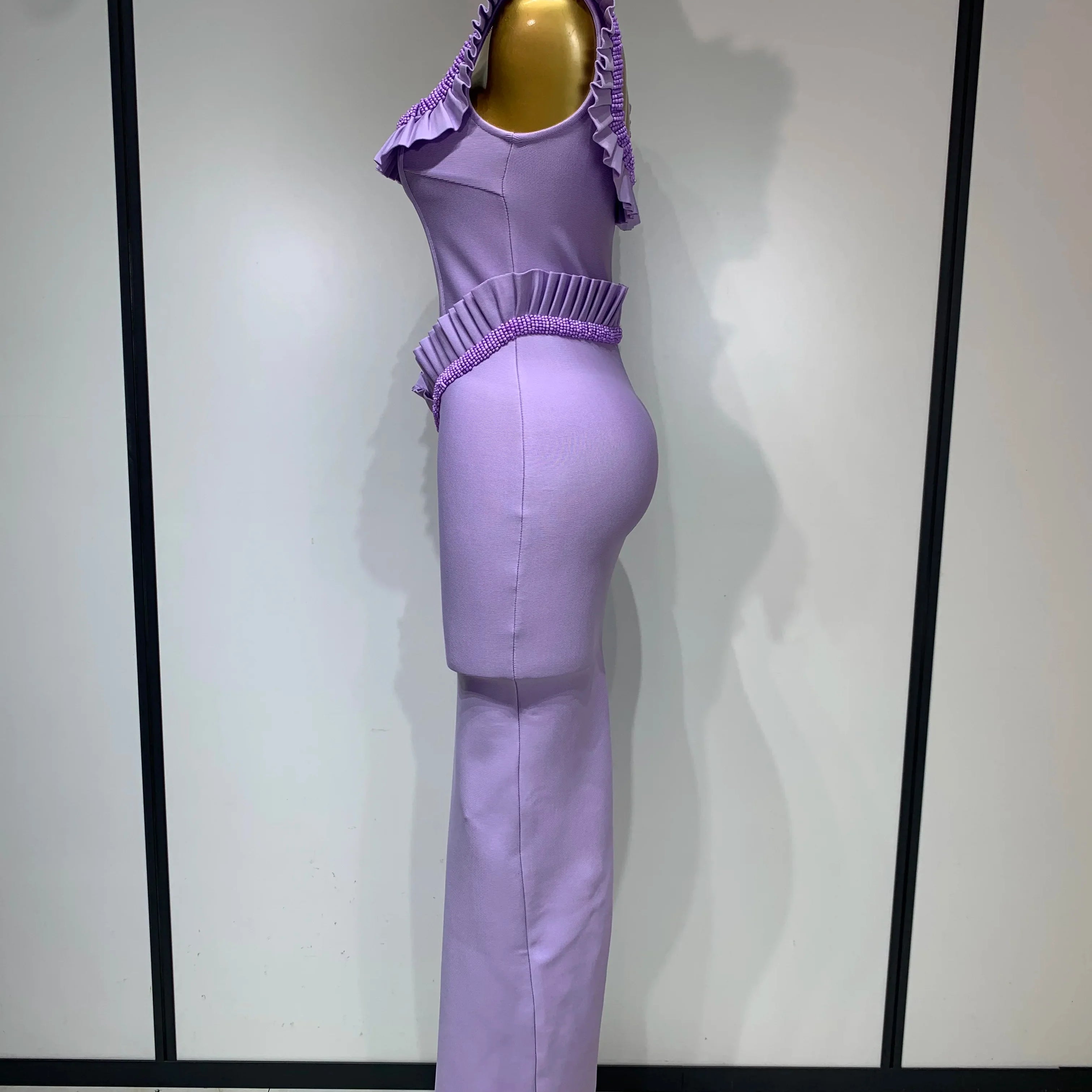 Women Sexy Square Collar Ruffles Beading Long Bodycon Bandage Dress  Celebrity Elegant Evening Club Party Birthday Dress