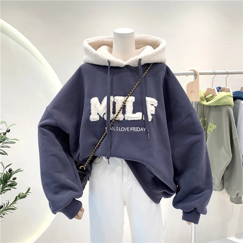 Fashion Patchwork Oversize Sweatshirt Women Winter Casual Loose Cotton Thick Letter Long Sleeve Hoodies Female Streetwear Dark blue