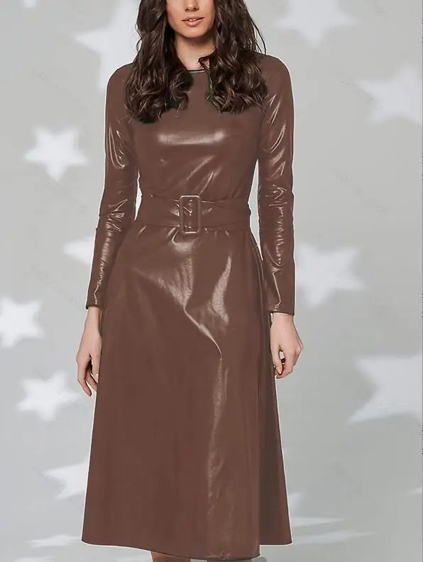 Fashion Belt Faux Leather Dresses Women Long Sleeve Slim Fit PU Dress Sexy Club Wear Autumn Winter Light Brown
