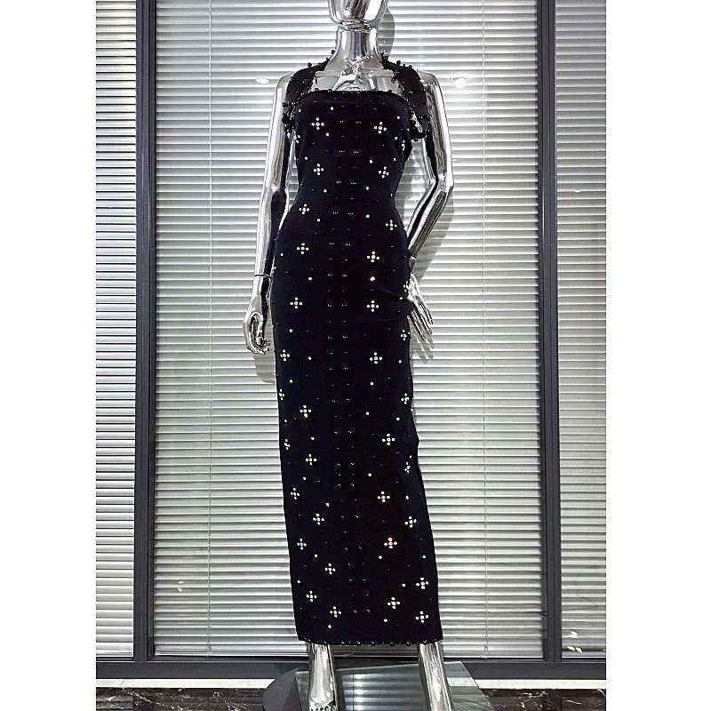 Luxury Shining Diamond Pearl Beading Halter Ankle Length Bandage Dress Elegant Woman Evening Party Vestido Birthday Party Outfit