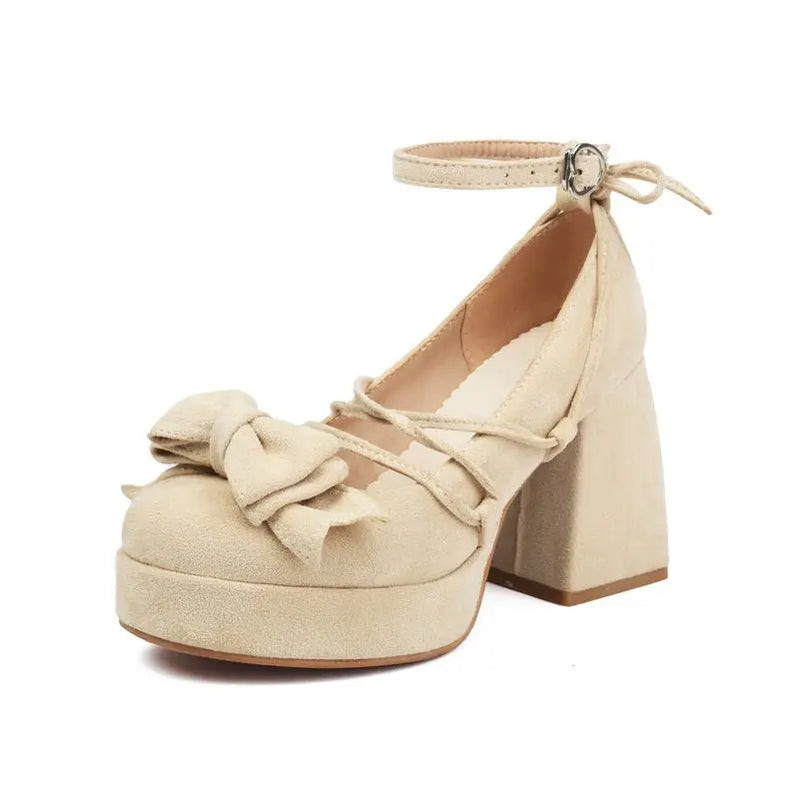 SIMLOVEYO Lolita Women Pumps 32 33 Round Toe Chunky High Heels 9cm Platform Bowknot Ankle Strap Big Size 44 45 Sweet Shoes