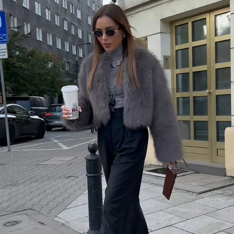 Winter New Fashion Female O-Neck Vintage Long Sleeve Loose Streetwear Top Woman Artificial Fur Effect Jacket Coats