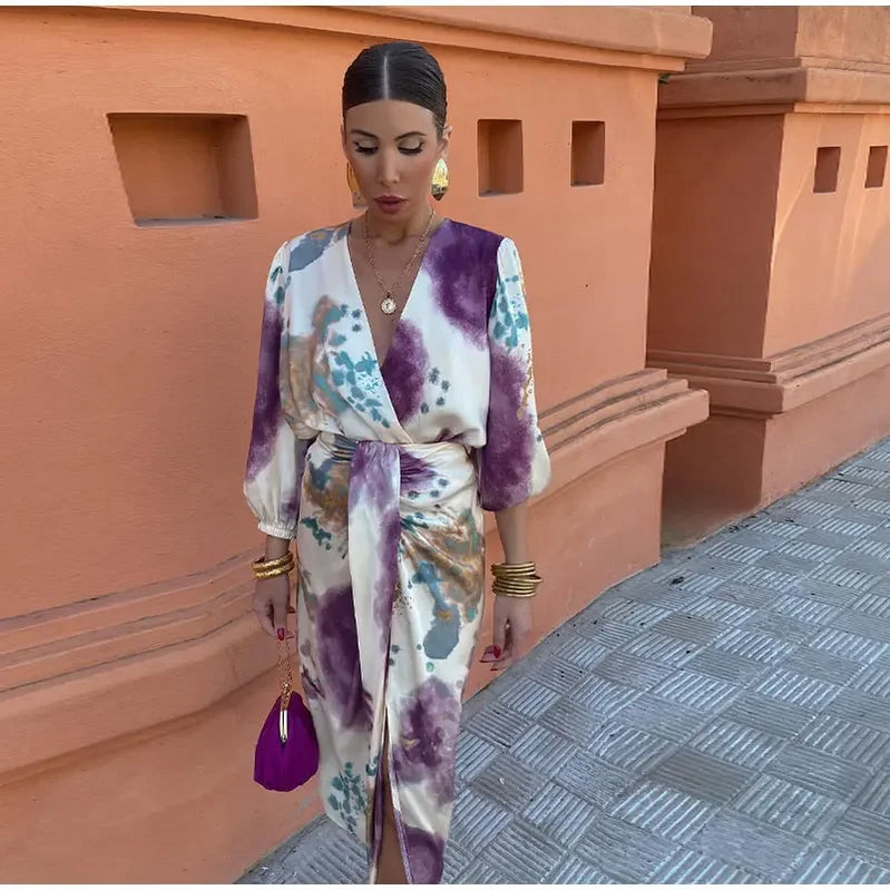 Women Skirt Fashion Stain Print Skirt Set Chic Cross V Neck Long Sleeves Shirt Slit Midi Skirts Suit Lady Fashion Outfits