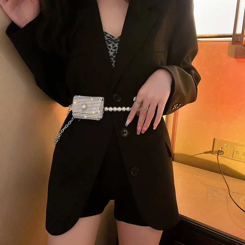 Fashion Rhinestones Pearl Chain Belt Cute Mini Bags for Women Quality Long Tassel Belt Bag Shoulder Messenger Bag