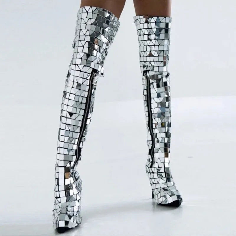 New Women Stage Show Costume Over Knee Boots Folk Dance Singer Party Show Mirror Shoes Nightclub Gogo Mirror boot cocovers Silver-High Boots One Size