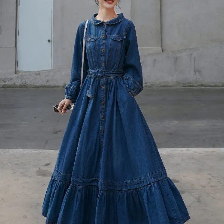 Dresses for Women Autumn Winter Fashion Versatile Women's Clothing French Retro Denim Robe Solid Large Skirt Hem Long Dress Blue