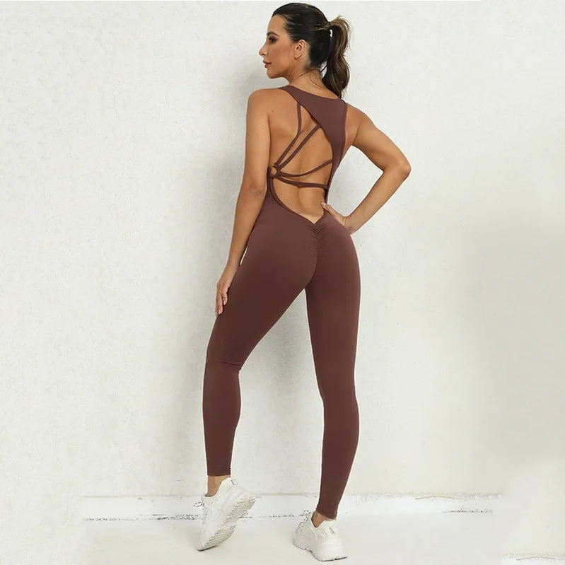 Backless Gym Jumpsuit Sport Overalls Women Lycra Yoga Workout Clothes for Women Fitness Clothing Gym Sets Womens Outfits jumpsuit coffee