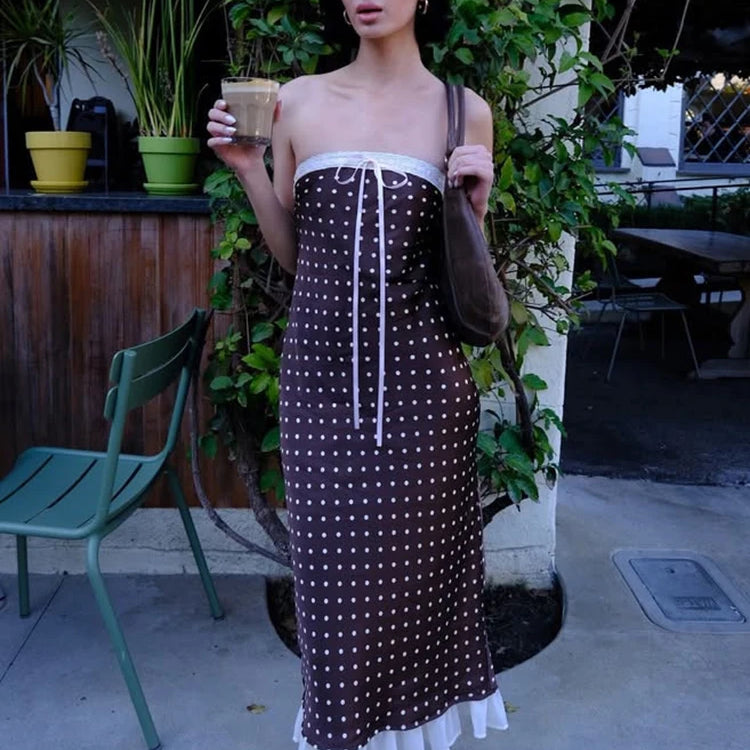 Lace Strapless Backless Sexy Midi Dress For Women Fashion Off-shoulder Sleeveless Bodycon Polka Dot Dress Elegant