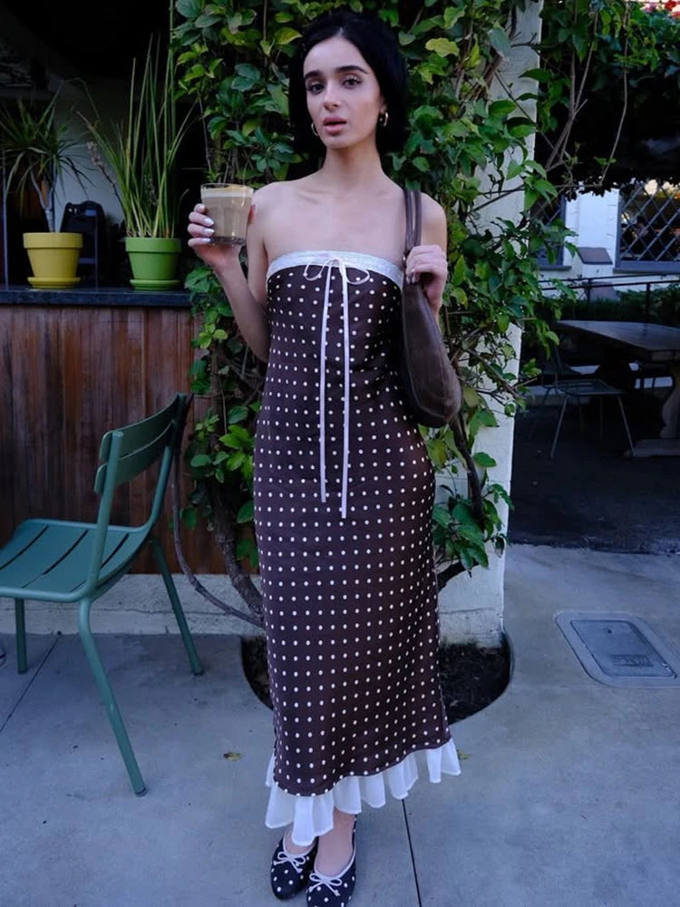 Lace Strapless Backless Sexy Midi Dress For Women Fashion Off-shoulder Sleeveless Bodycon Polka Dot Dress Elegant