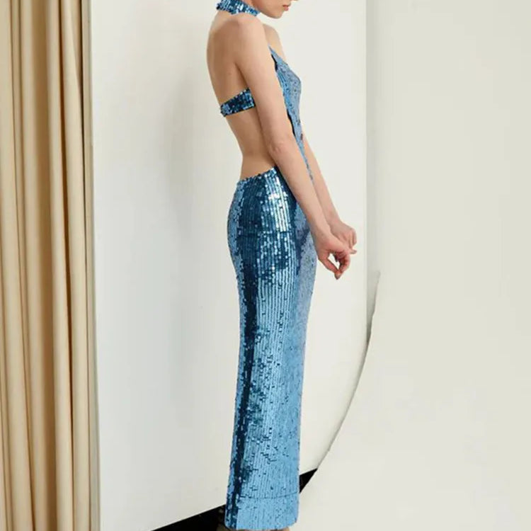 Sexy Backless Halter Mesh Sequins Navy Blue Midi Women Celebrity Dress 2024 Elegant Party Evening Club Vestido