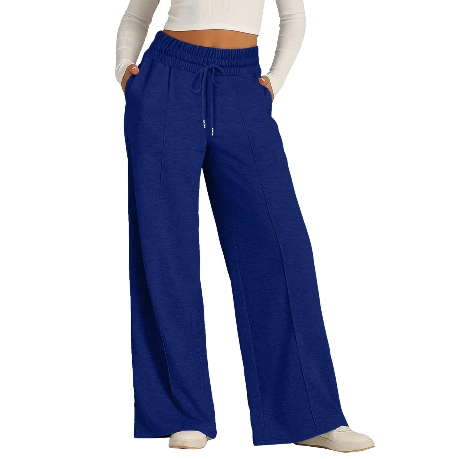 Women Oversized Wide Leg Pants Lightweight Sweatpants Elastic Drawstring Straight Leg Trousers High Waist Baggy Casual Pants Dark Blue CN