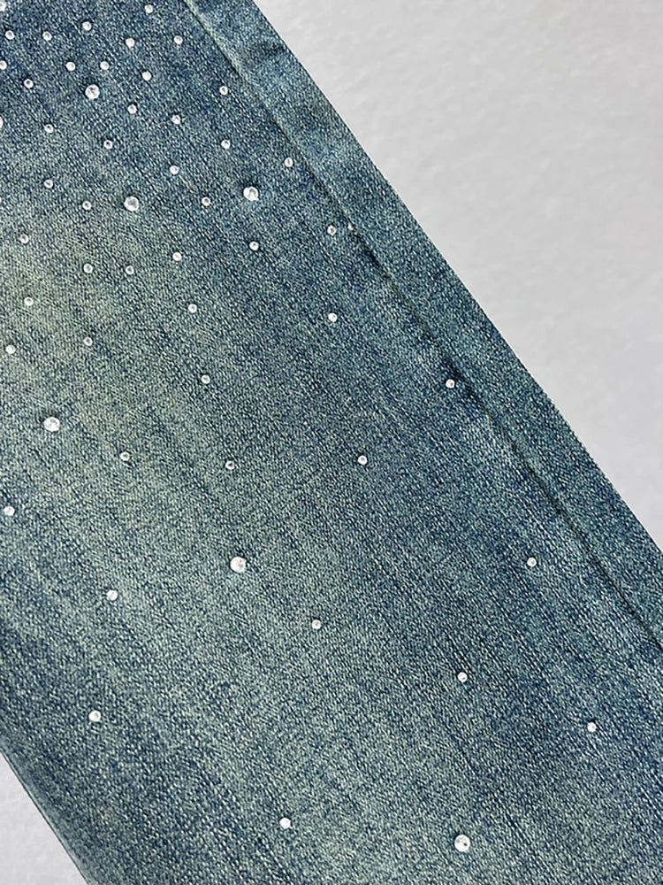 Women's Jeans High Waist Solid Color Sequins Diamond Loose Straight Wide Leg Denim Pants Winter Fashion