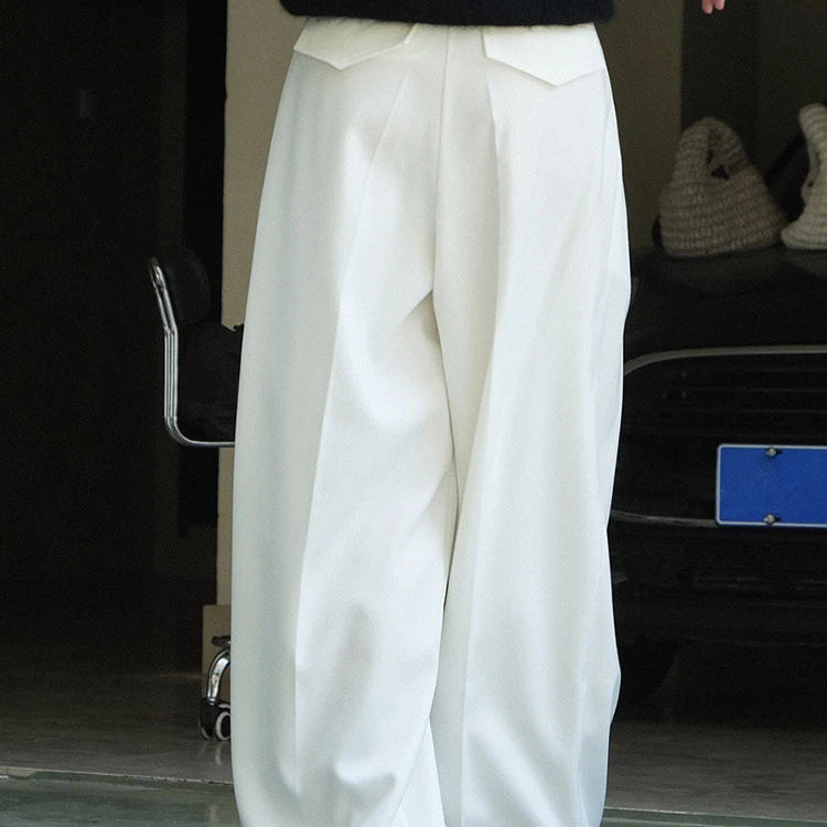 [LANMREM] Korean Style Pleated White Pants For Women High Waist Wide Leg Trousers Casual Loose Clothing Spring New 26D8719