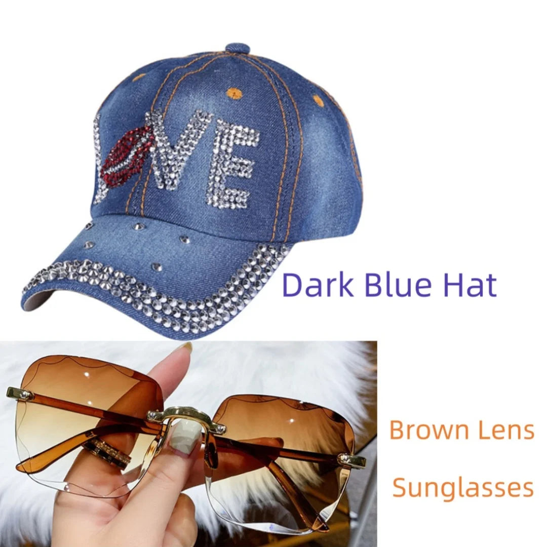 Fashion Sunglasses+Rhinestone Hat Butterfly / Star / Crown/Love Denim Baseball Spring Summer Outdoor Hat Peaked Cap LOVE Hat DarkBlue