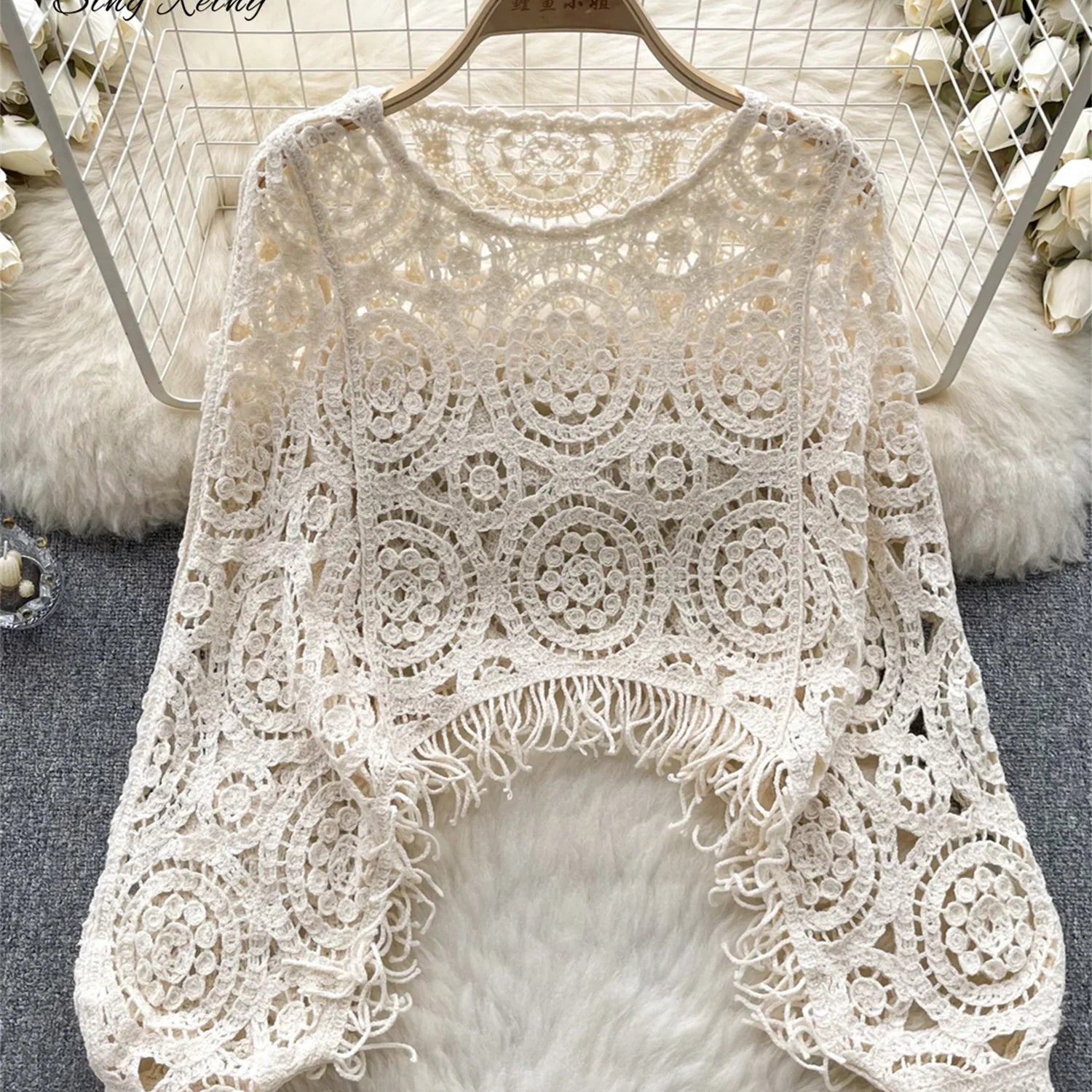 SINGREINY Autumn Casual Loose Knitting Top O Neck Hook Flower Hollow Long Sleeved Tassel Design Fashion French Vintage Blouse