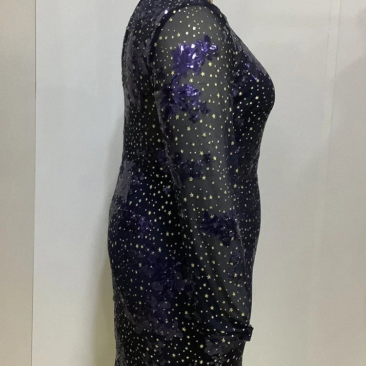 Sparkly Shiny Dresses for Women O Neck Long Sleeve Sequins Package Hip Sexy Mini Evening Birthday Party Plus Size Gowns 2024