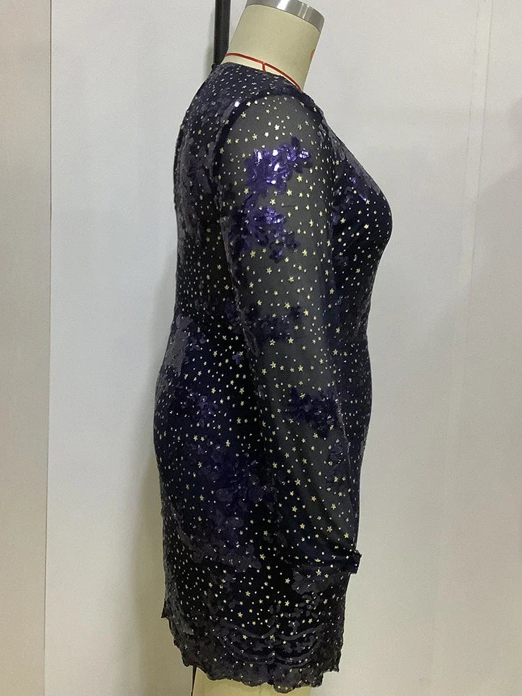 Sparkly Shiny Dresses for Women O Neck Long Sleeve Sequins Package Hip Sexy Mini Evening Birthday Party Plus Size Gowns 2024