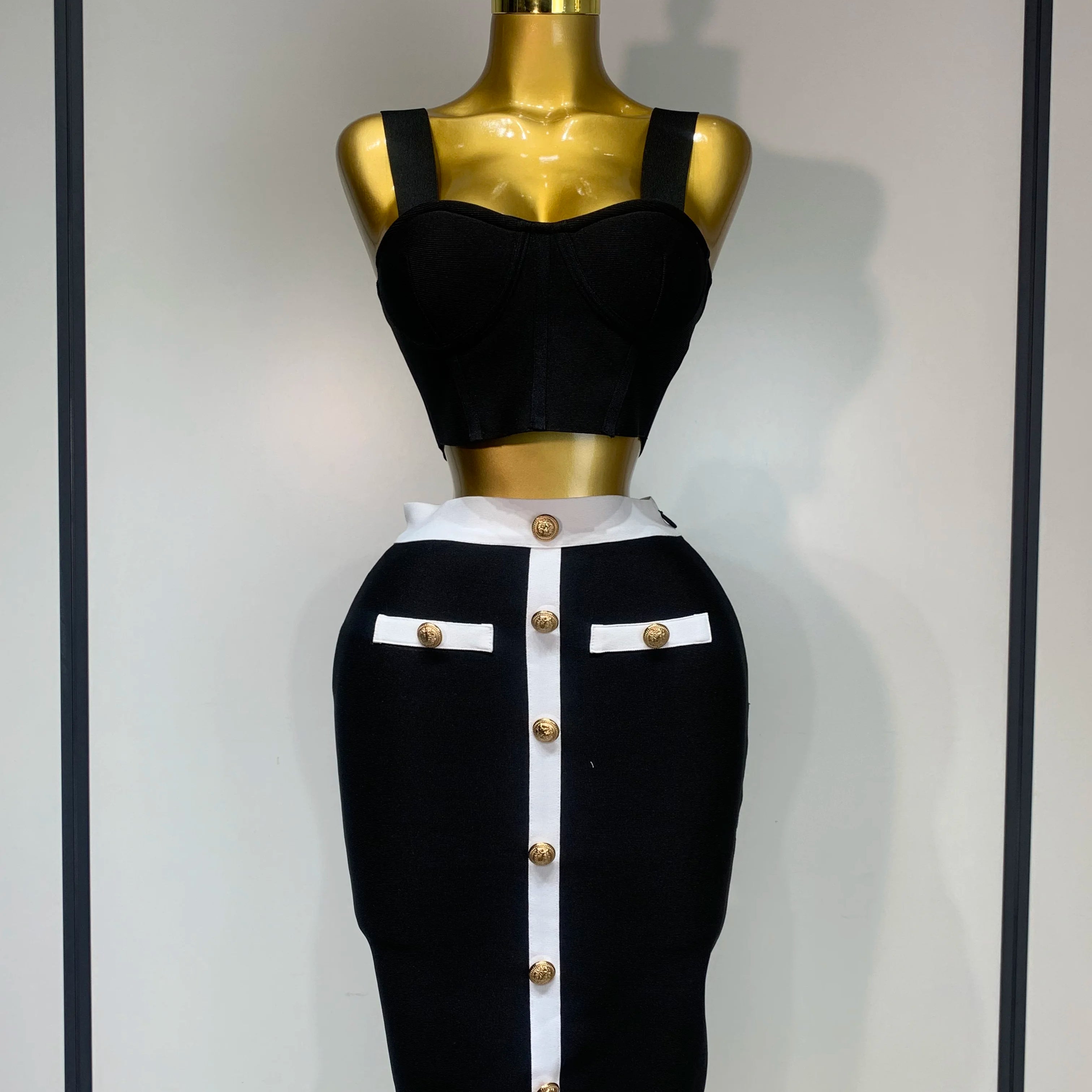 Women Button Patchwork White Black Bodycon Bandage Two Piece Set 2025 New Arrival Designer High Waist Party Club Skirt Set