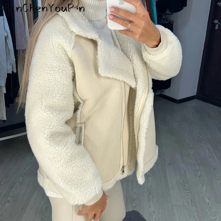 Spring Women's Coat Fashion Imitation Lamb Wool Long Sleeved Loose Top Temperament Vintage Casual Patchwork Soft Jacket