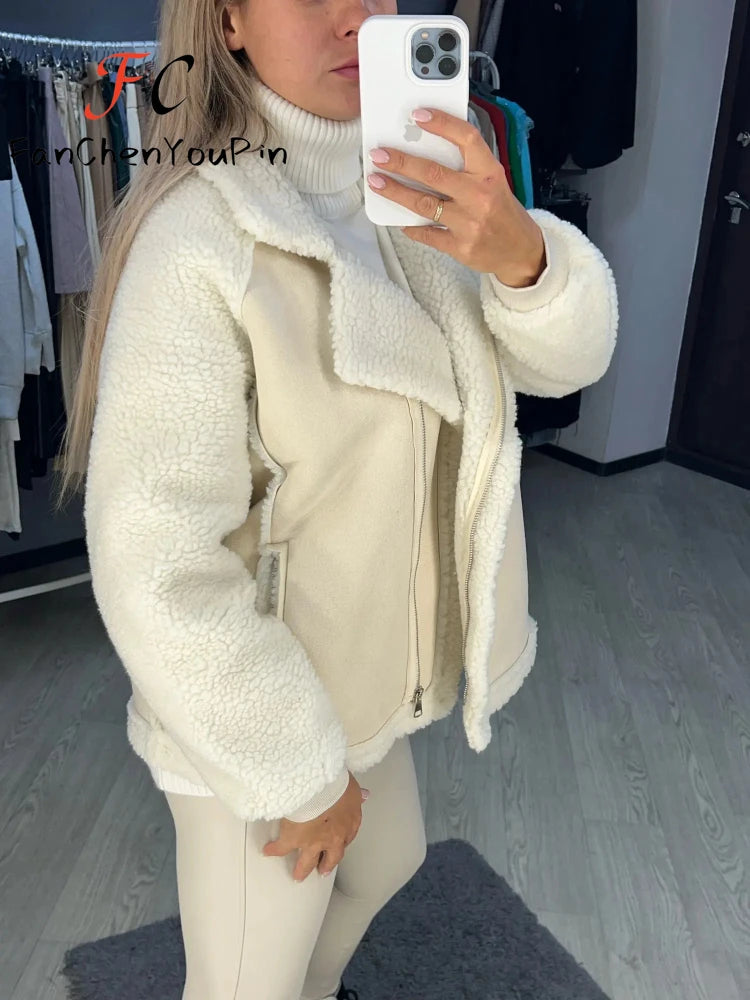 Spring Women's Coat Fashion Imitation Lamb Wool Long Sleeved Loose Top Temperament Vintage Casual Patchwork Soft Jacket