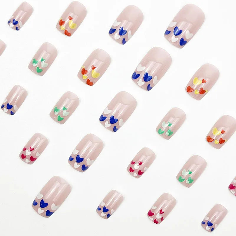 Short Square Fake Nails 24Pcs Nude Color Press On Nails Colorful Love Heart Printed Women Girls Valentine's Day Charm Manicure