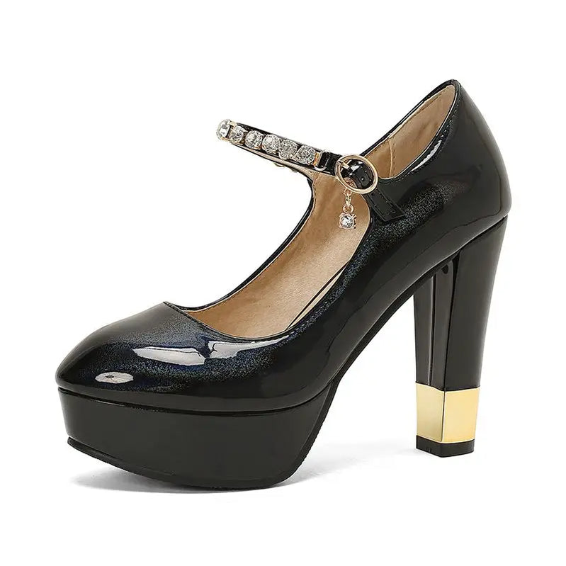 SIMLOVEYO Patent Leather Women Pumps Round Toe High Heels 11.5cm Platform Buckle Strap Size 49 50 Sexy Party Shoes
