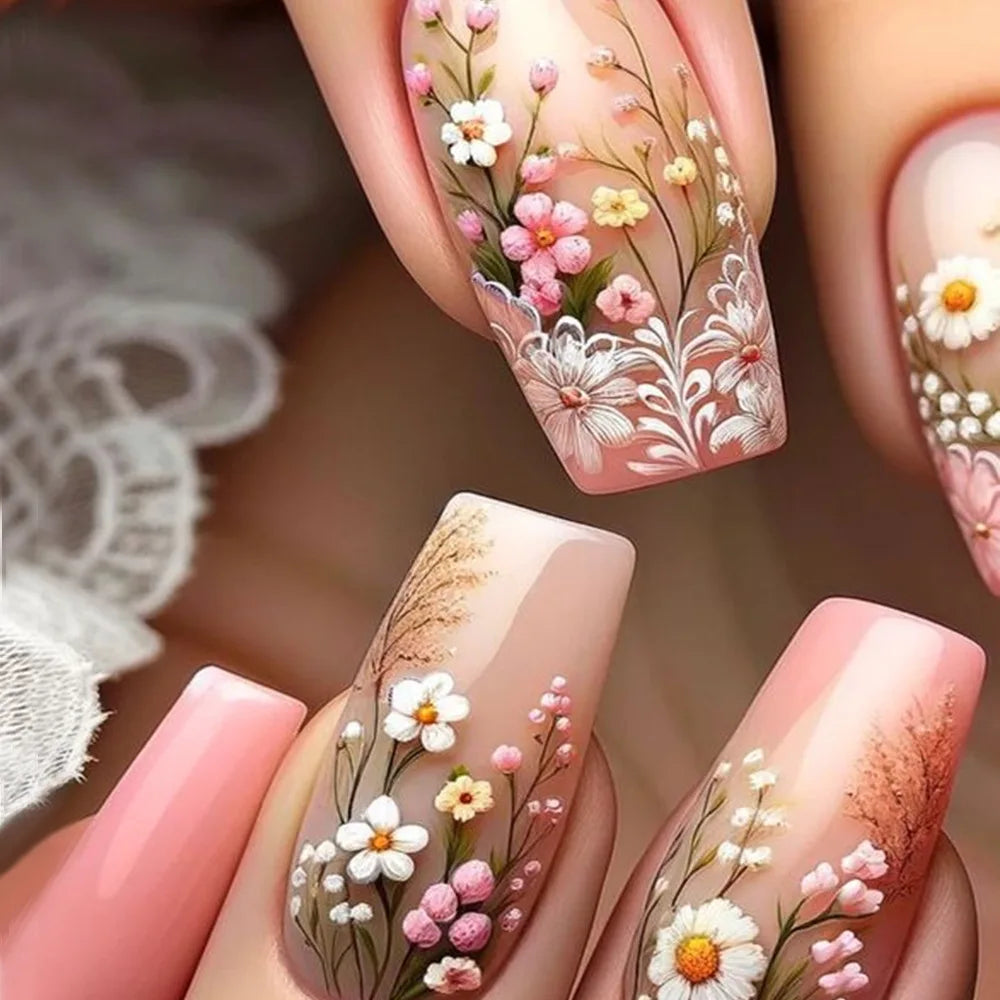 24pcs Acrylic Press on Nails Medium Green Flower Plants Pattern Fake Nails with Glue Ballet Full Cover Wearable False Nail Tips